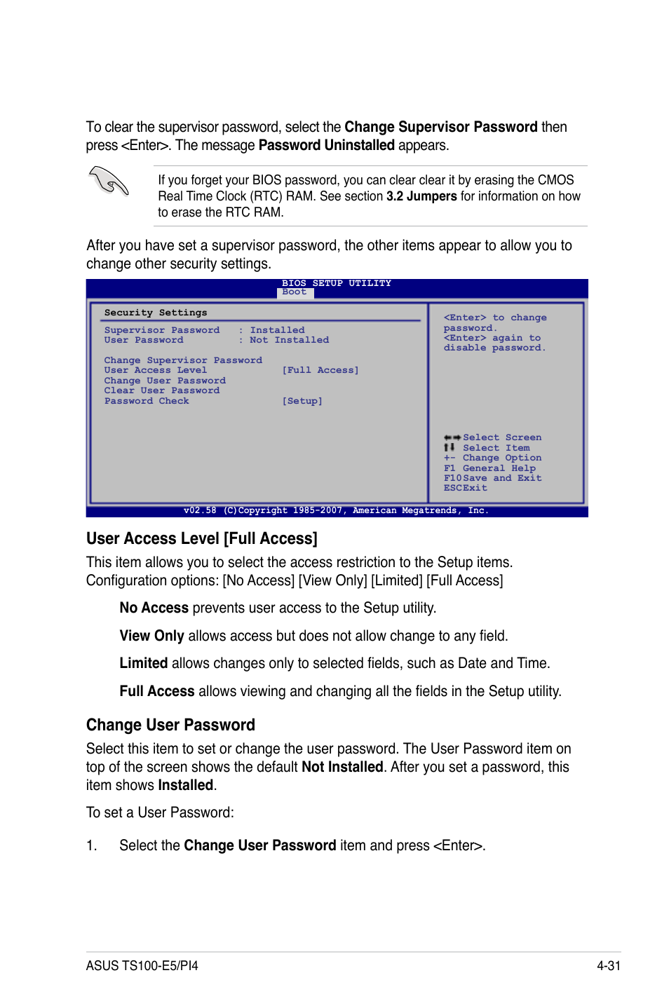 User access level [full access, Change user password | Asus TS100-E5/PI4 User Manual | Page 87 / 166