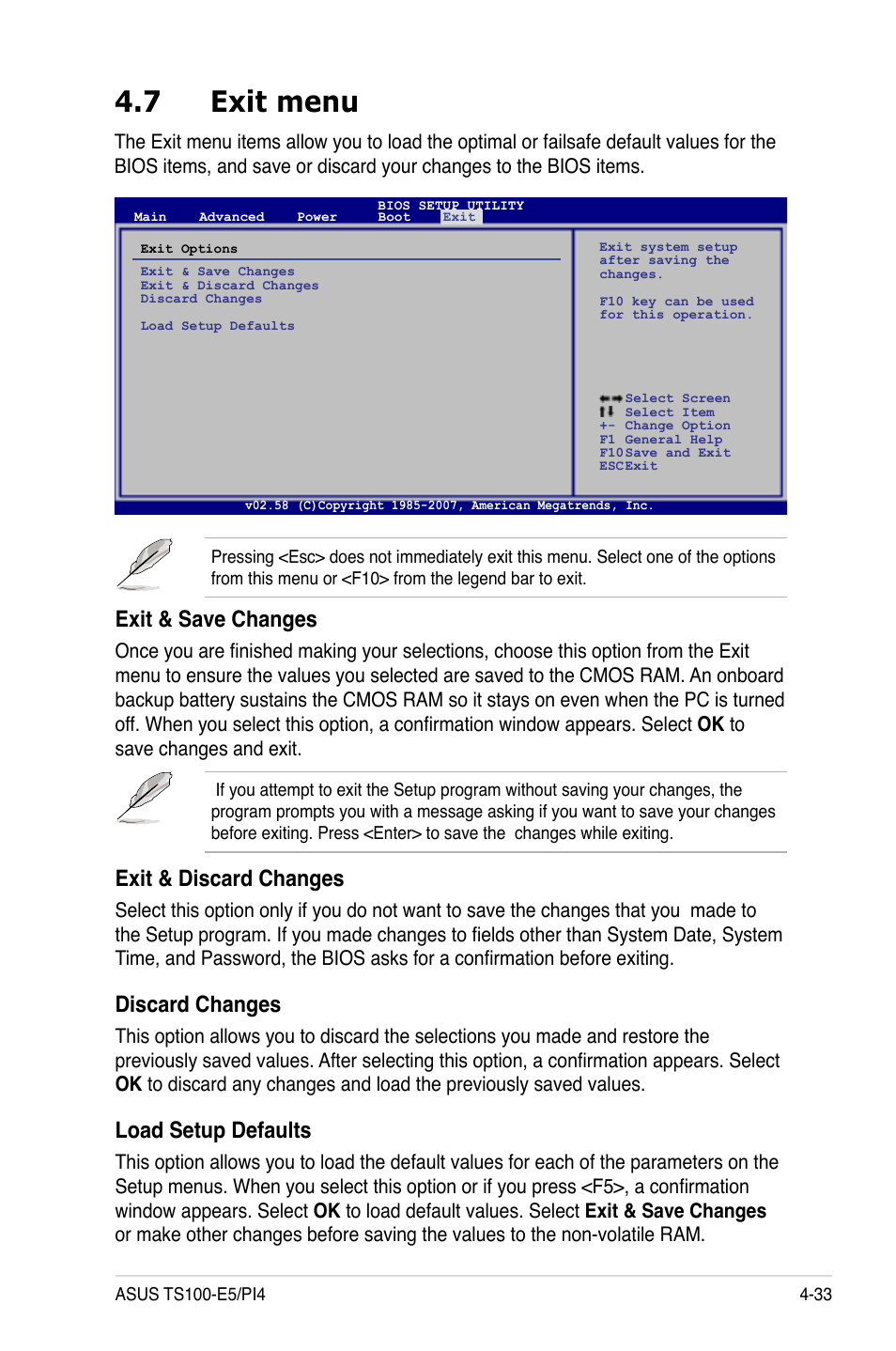 7 exit menu, Exit menu -33, Exit & save changes | Exit & discard changes, Discard changes, Load setup defaults | Asus TS100-E5/PI4 User Manual | Page 89 / 166