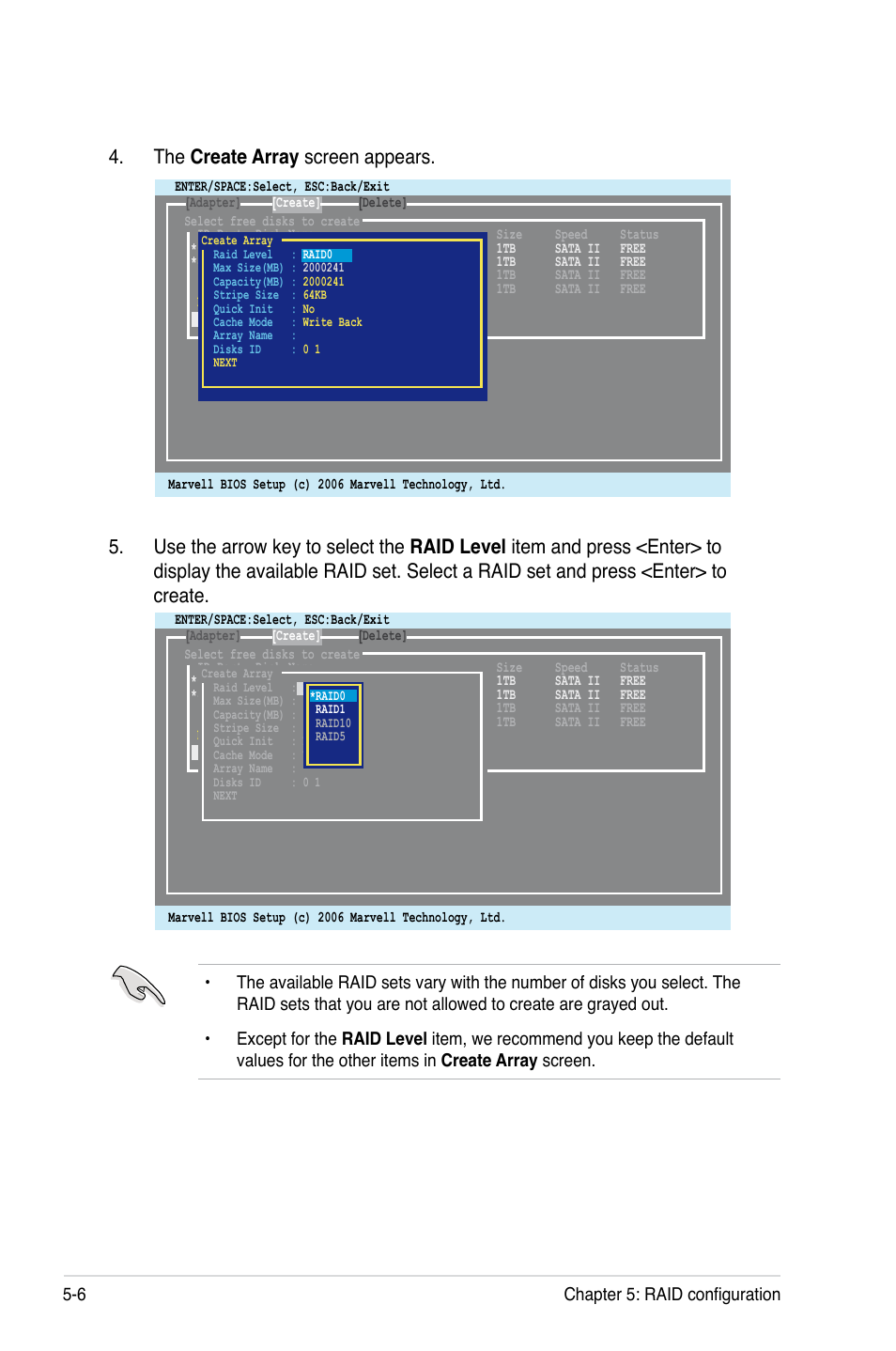 The create array screen appears, 6 chapter 5: raid configuration | Asus TS100-E5/PI4 User Manual | Page 96 / 166