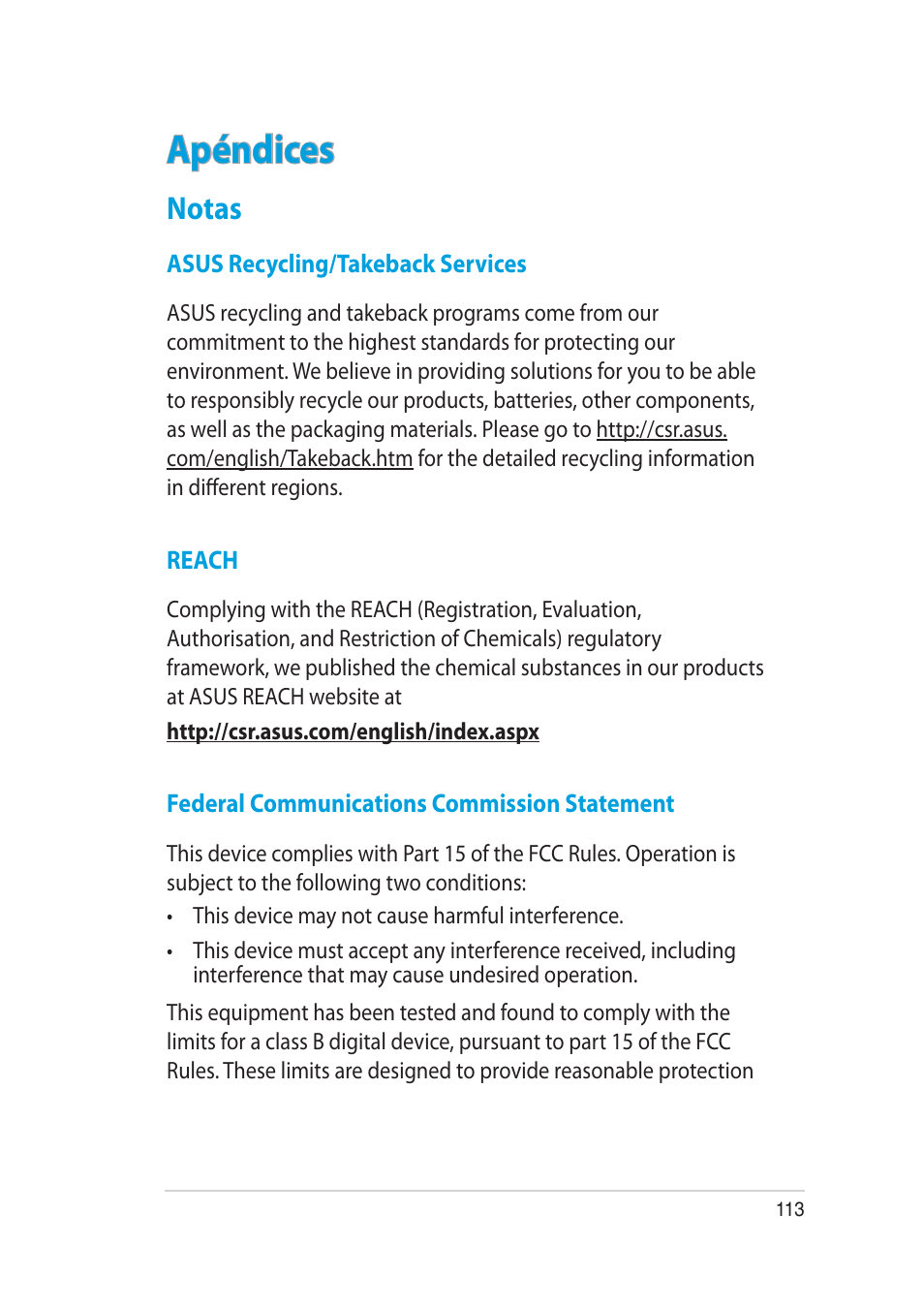 Apéndices, Notas | Asus RT-AC52U User Manual | Page 113 / 129