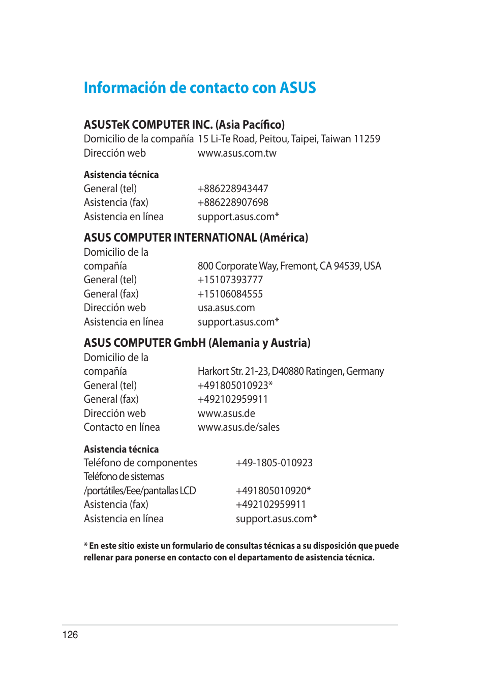 Información de contacto con asus | Asus RT-AC52U User Manual | Page 126 / 129