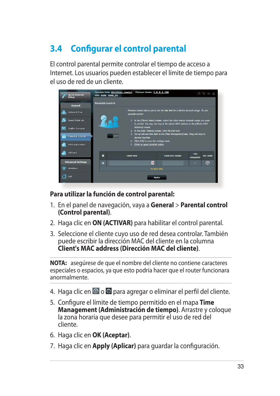 4 configurar el control parental | Asus RT-AC52U User Manual | Page 33 / 129