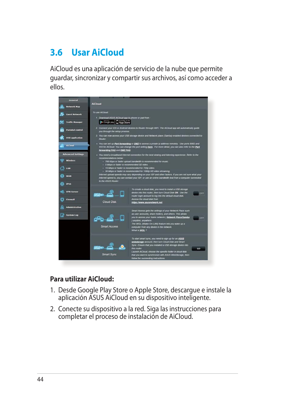 6 usar aicloud | Asus RT-AC52U User Manual | Page 44 / 129