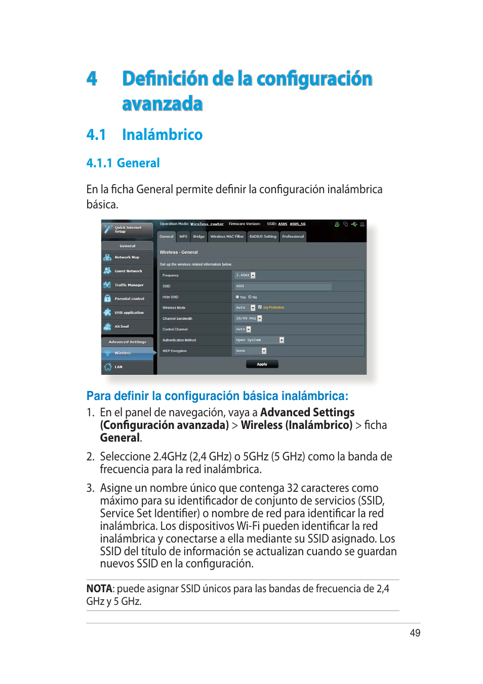 4definición de la configuración avanzada, 1 inalámbrico | Asus RT-AC52U User Manual | Page 49 / 129