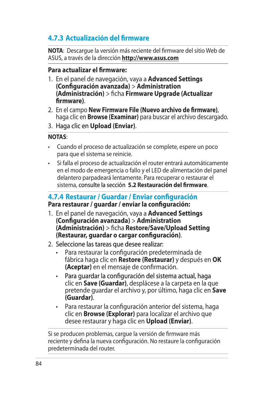 3 actualización del firmware, 4 restaurar / guardar / enviar configuración | Asus RT-AC52U User Manual | Page 84 / 129