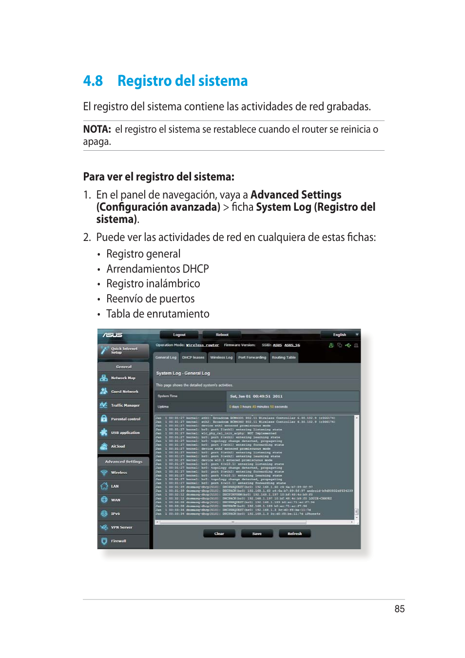 8 registro del sistema | Asus RT-AC52U User Manual | Page 85 / 129
