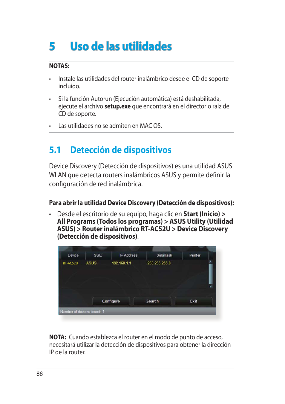 5uso de las utilidades, 1 detección de dispositivos | Asus RT-AC52U User Manual | Page 86 / 129