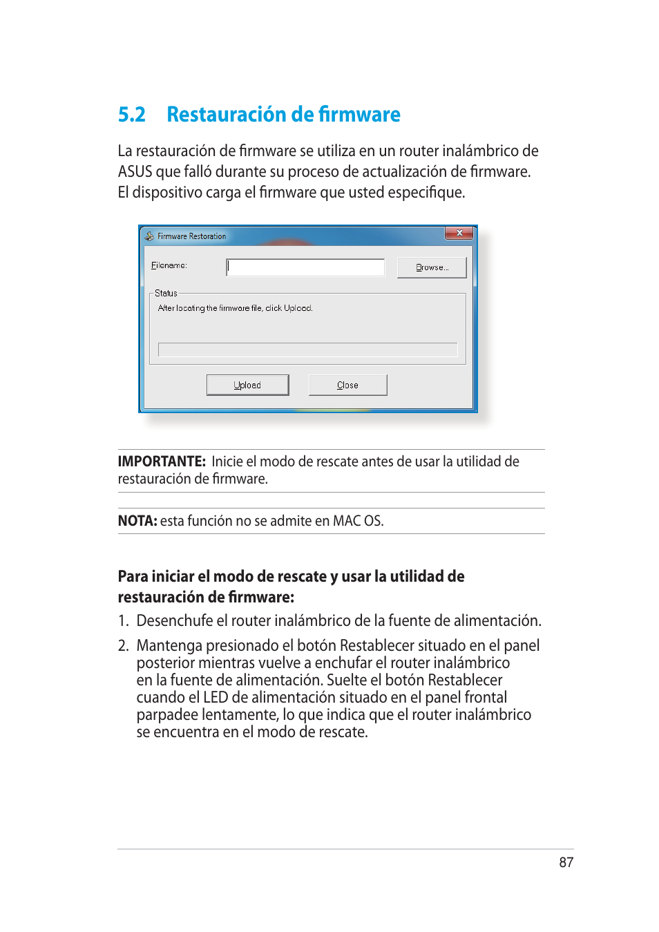 2 restauración de firmware | Asus RT-AC52U User Manual | Page 87 / 129