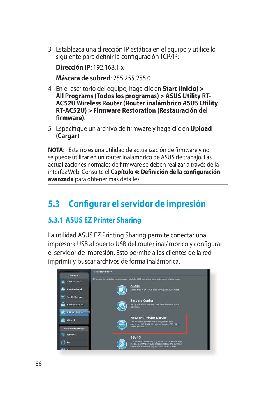 3 configurar el servidor de impresión | Asus RT-AC52U User Manual | Page 88 / 129