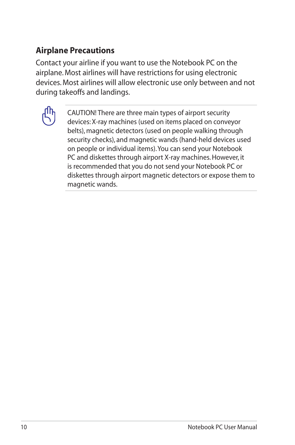 Airplane precautions | Asus X73SD User Manual | Page 10 / 116