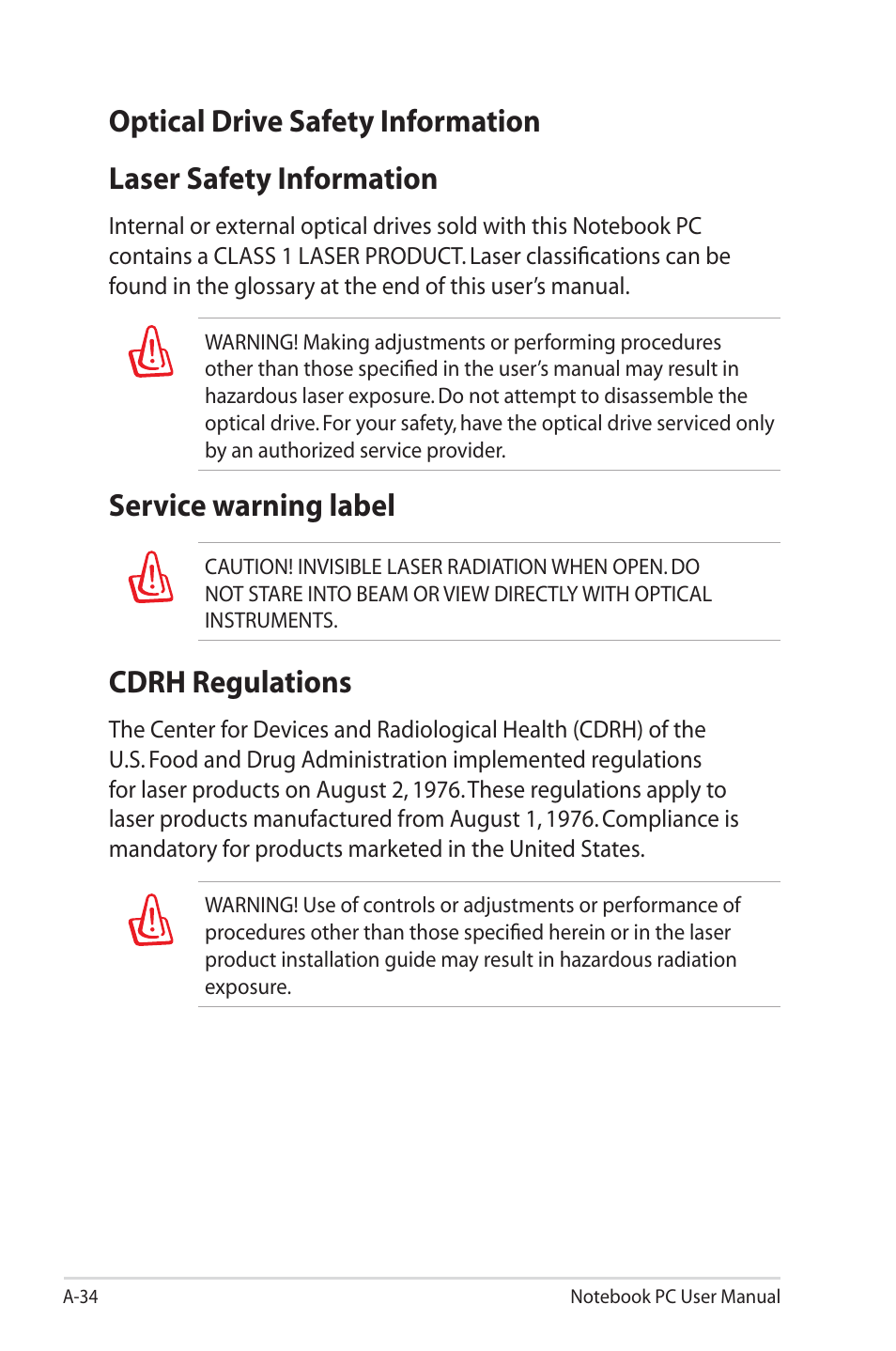 Optical drive safety information, Laser safety information, Service warning label | Cdrh regulations | Asus X73SD User Manual | Page 108 / 116