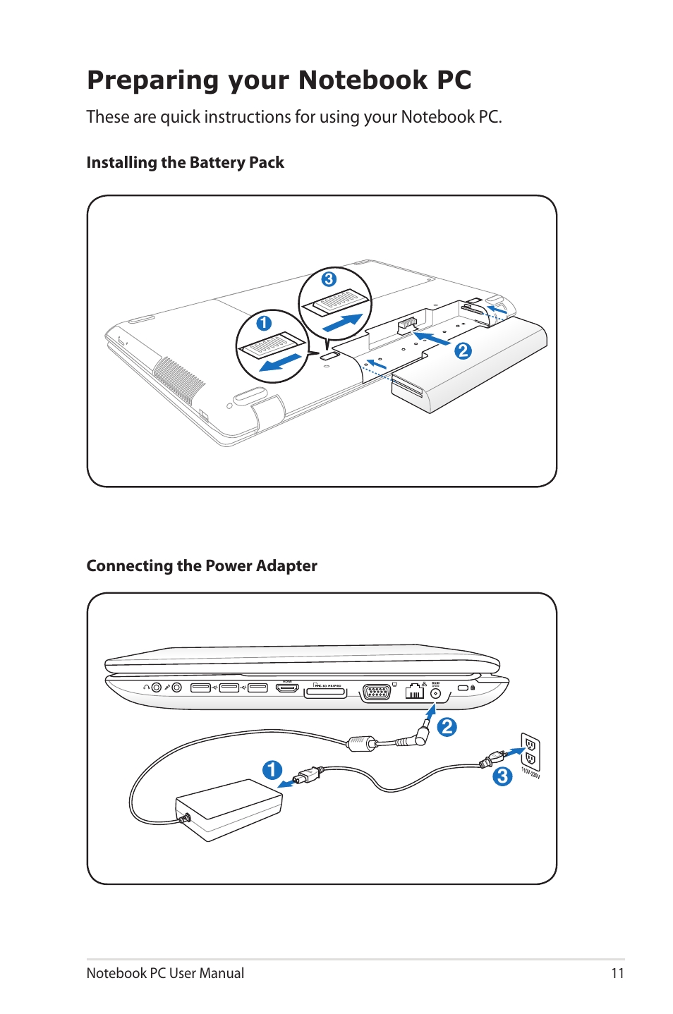 Preparing your notebook pc | Asus X73SD User Manual | Page 11 / 116