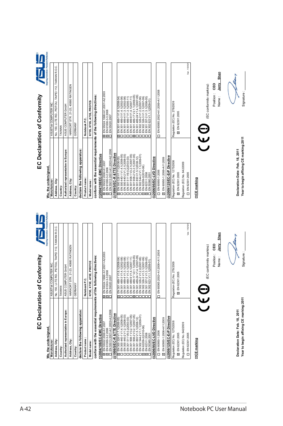 Ec declaration of conformity | Asus X73SD User Manual | Page 116 / 116