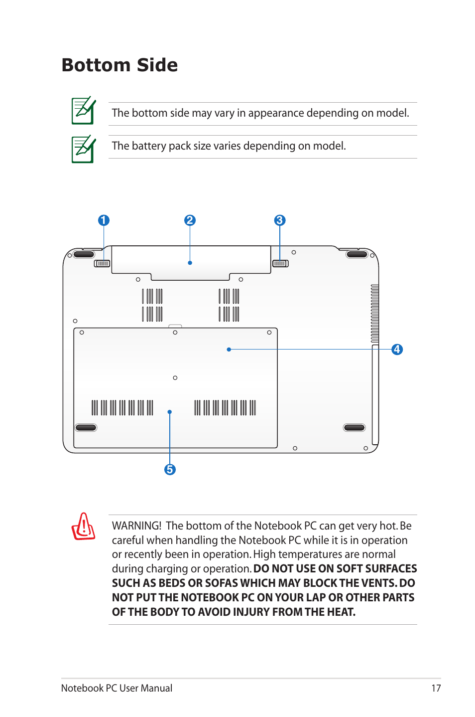 Bottom side | Asus X73SD User Manual | Page 17 / 116