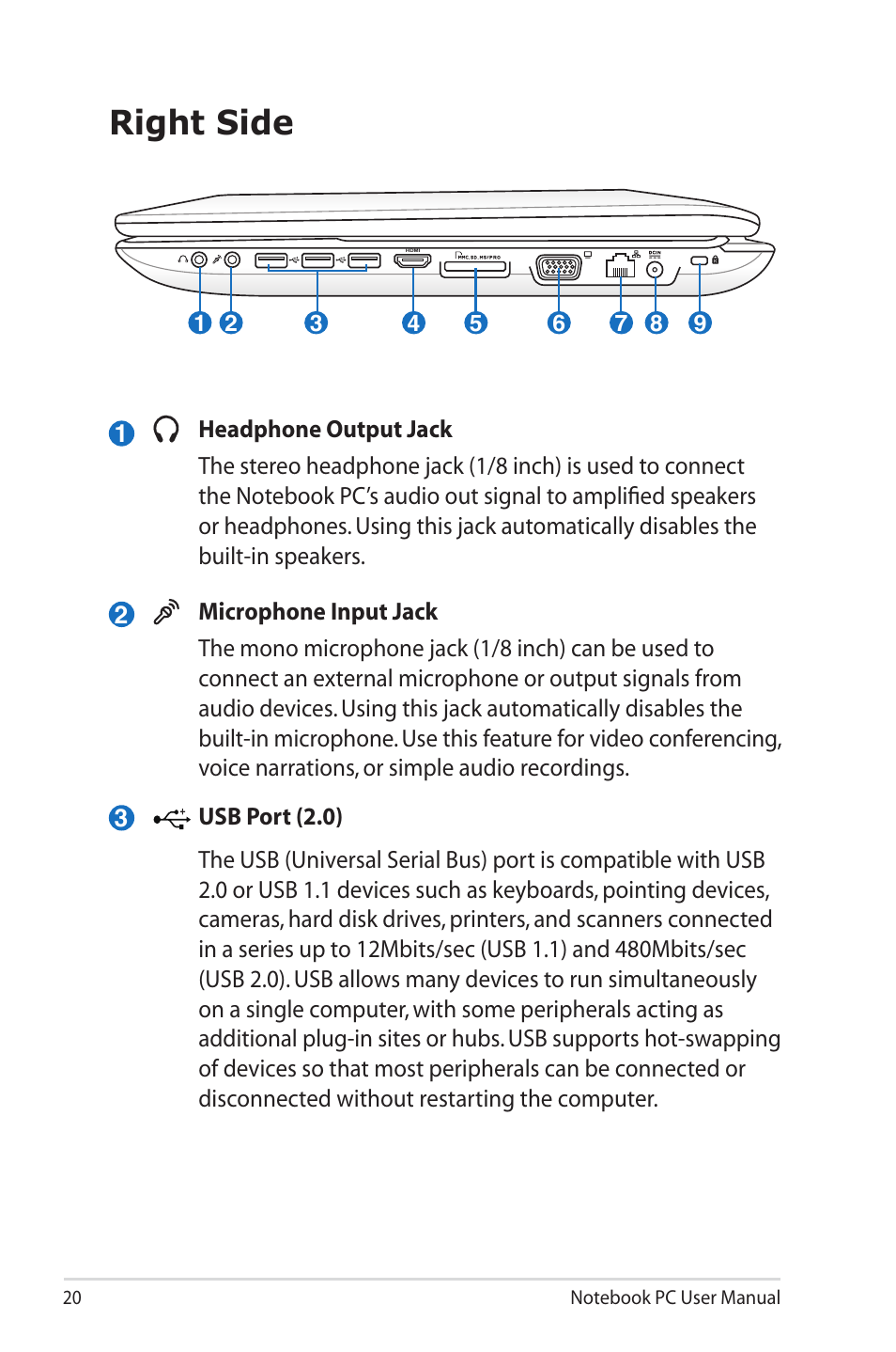 Right side | Asus X73SD User Manual | Page 20 / 116