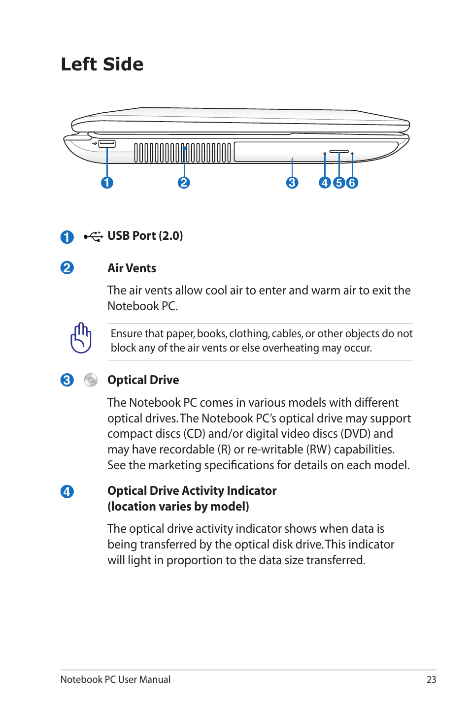 Left side | Asus X73SD User Manual | Page 23 / 116