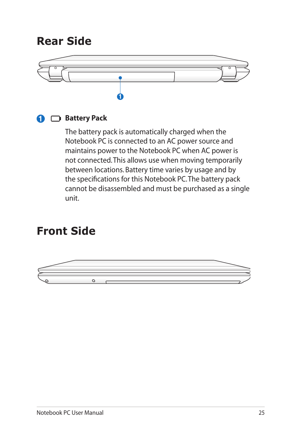 Rear side, Front side, Rear side front side | Asus X73SD User Manual | Page 25 / 116