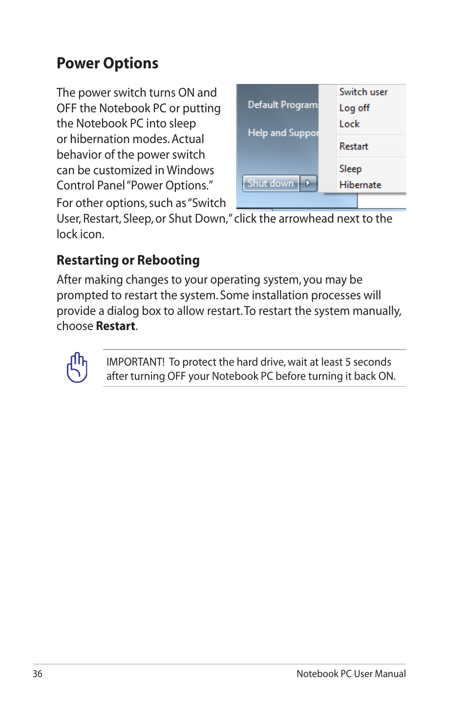 Power options | Asus X73SD User Manual | Page 36 / 116