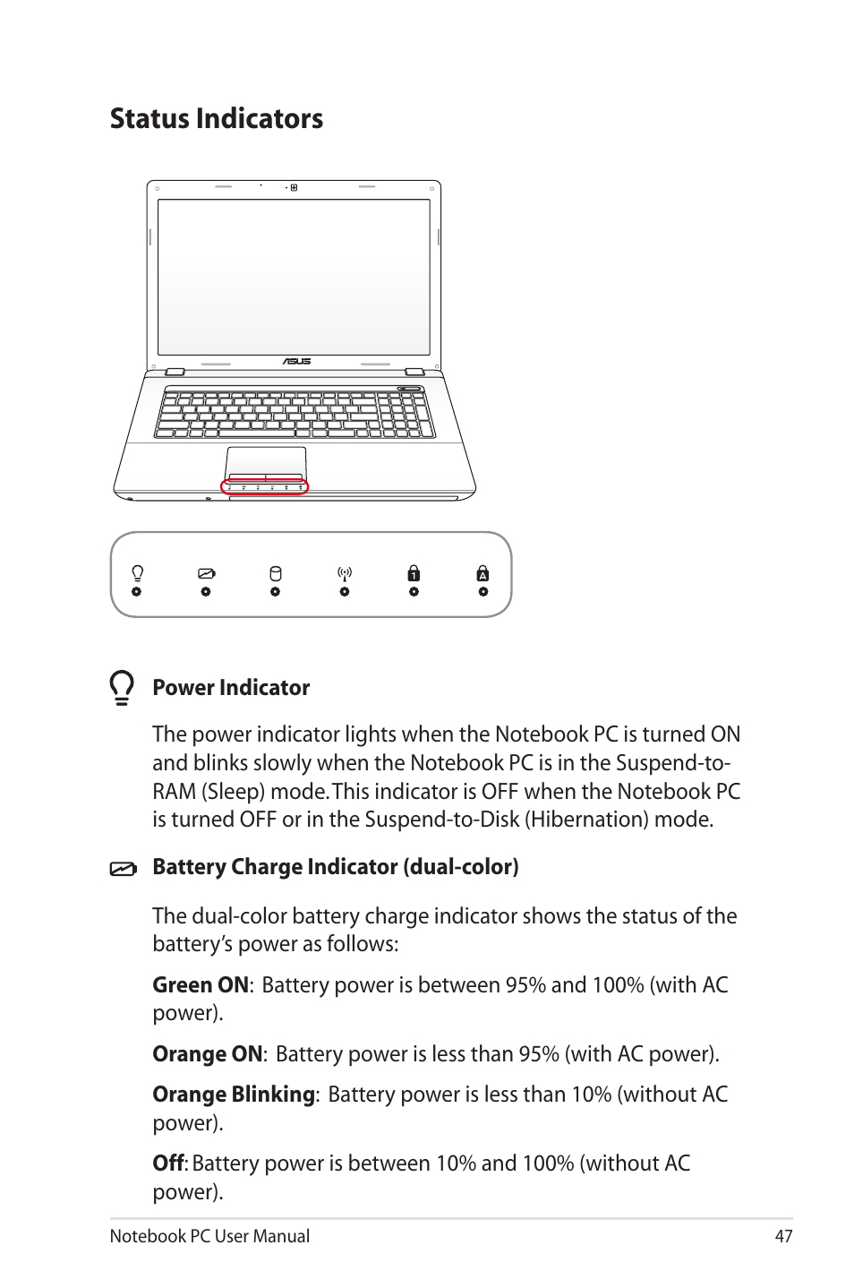 Status indicators | Asus X73SD User Manual | Page 47 / 116