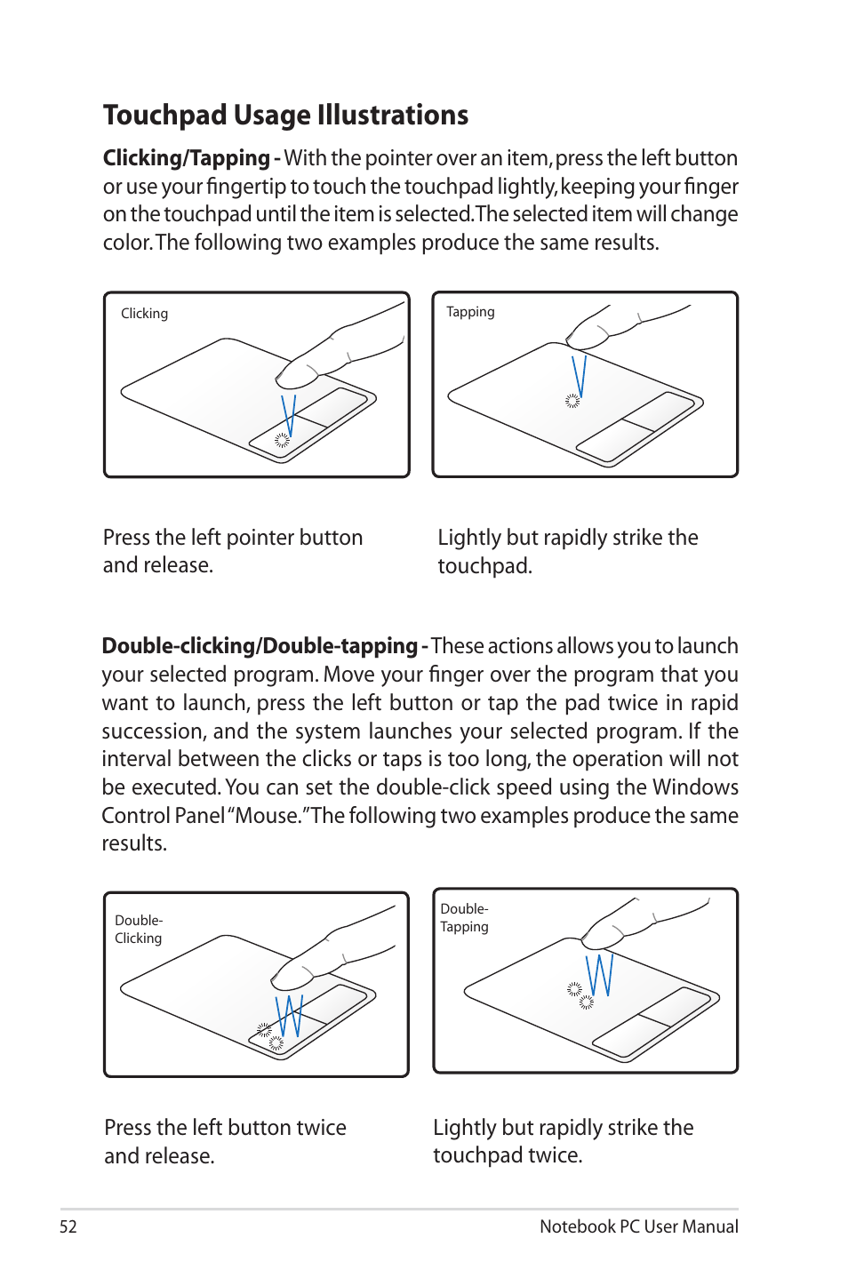 Touchpad usage illustrations | Asus X73SD User Manual | Page 52 / 116