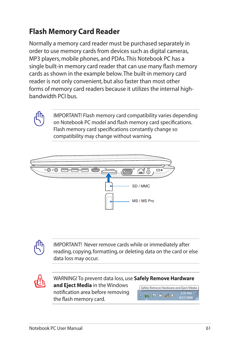 Flash memory card reader | Asus X73SD User Manual | Page 61 / 116