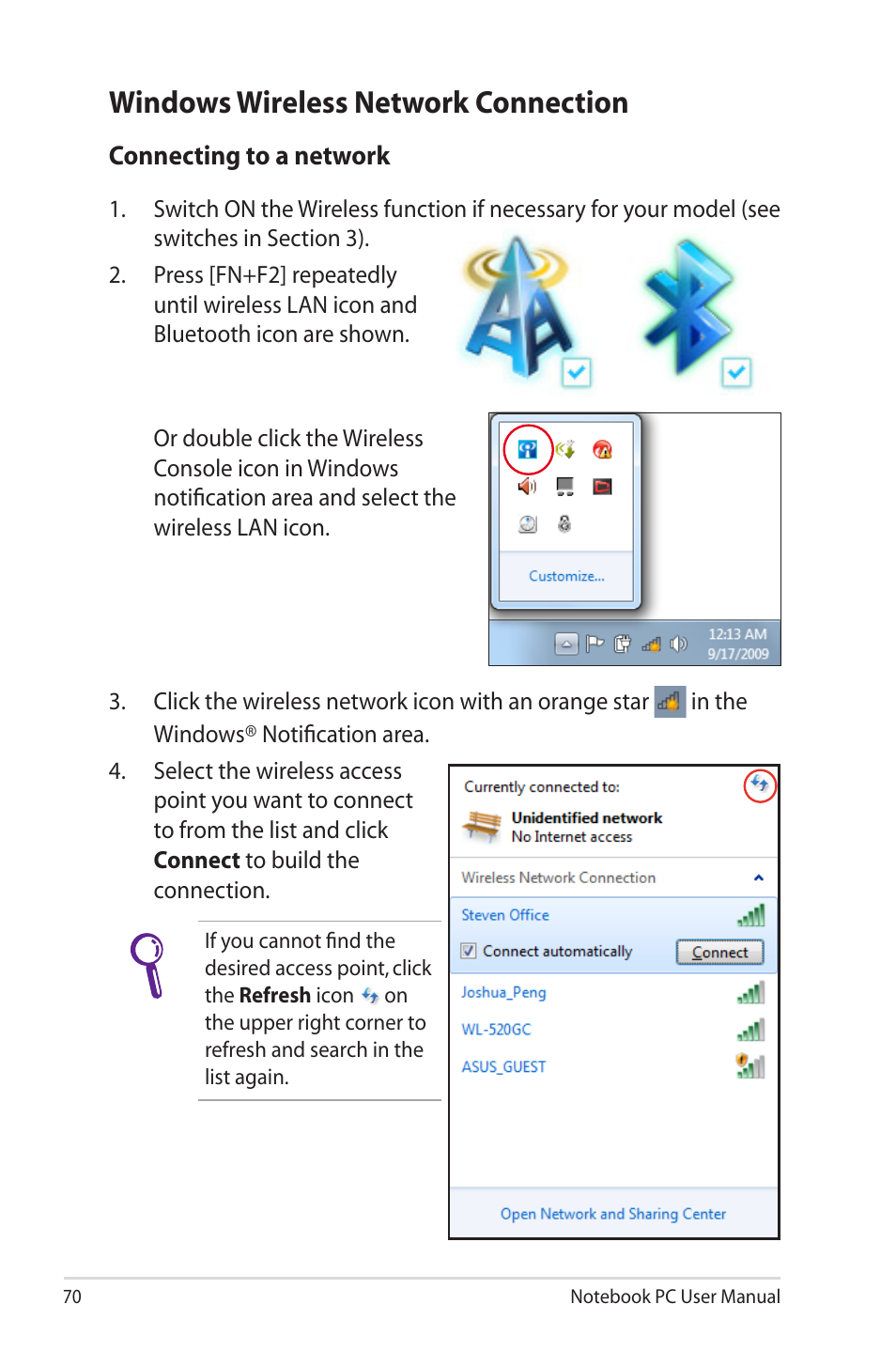Windows wireless network connection | Asus X73SD User Manual | Page 70 / 116