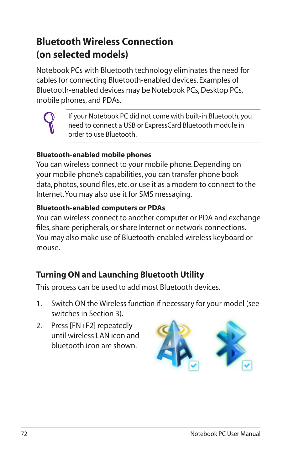 Bluetooth wireless connection(on selected models), Bluetooth wireless connection (on selected models) | Asus X73SD User Manual | Page 72 / 116