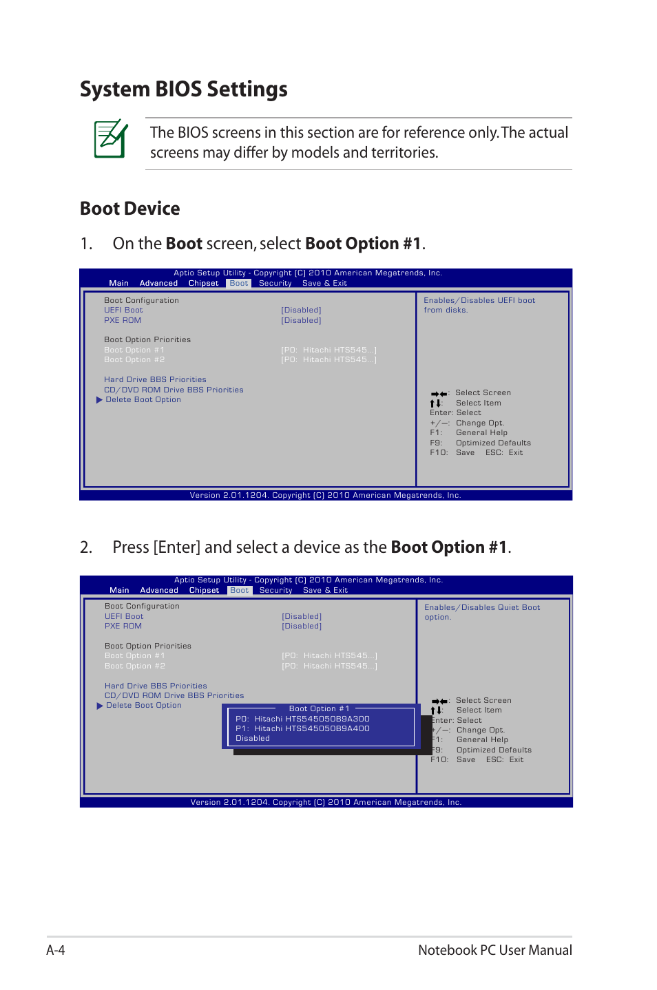 System bios settings, Boot device, On the boot screen, select boot option #1 | Asus X73SD User Manual | Page 78 / 116