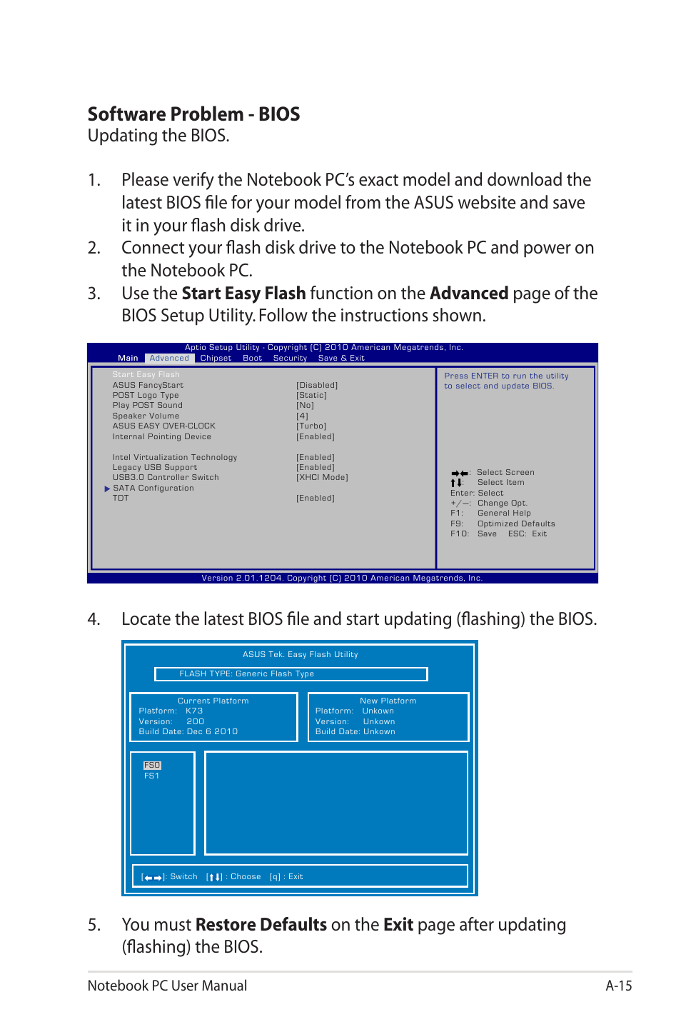 Software problem - bios | Asus X73SD User Manual | Page 89 / 116