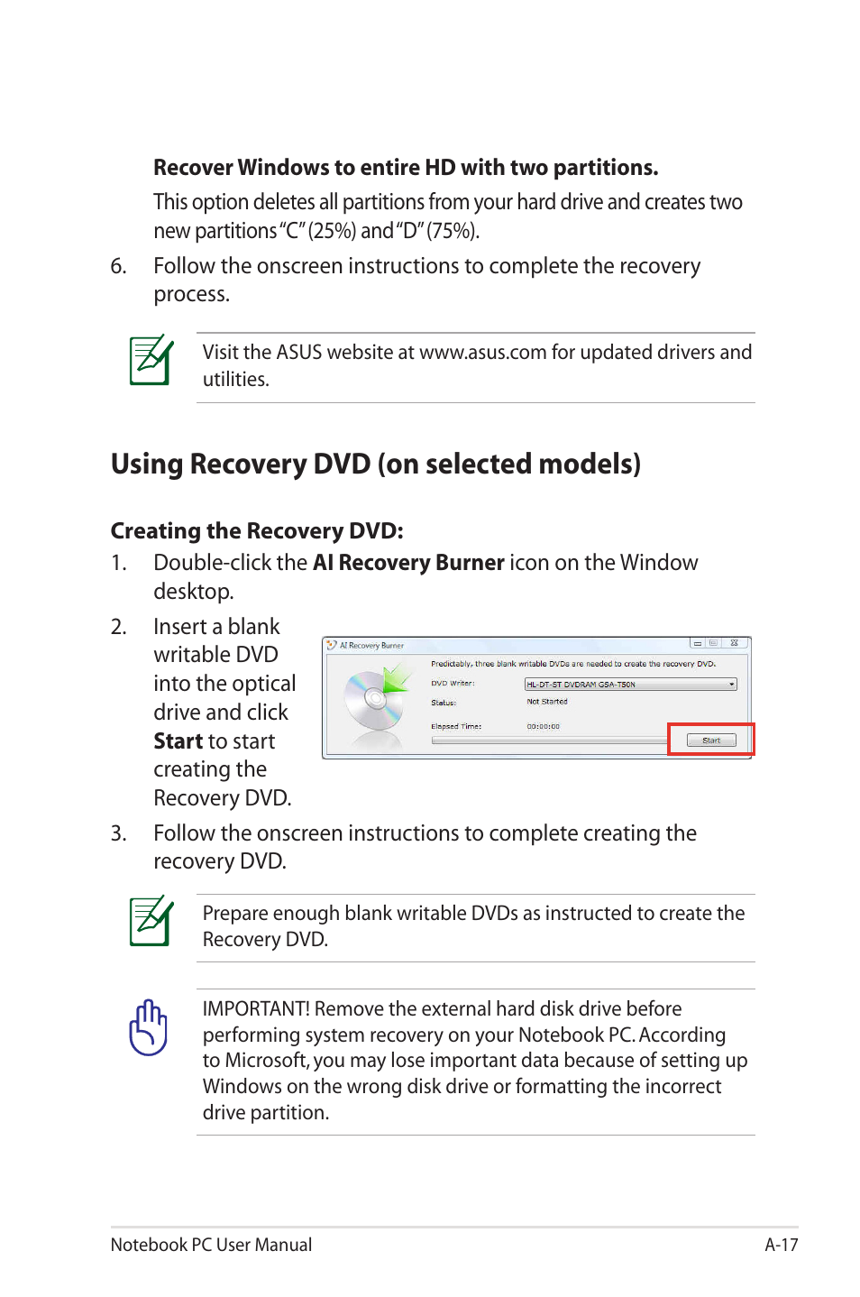 Using recovery dvd (on selected models) | Asus X73SD User Manual | Page 91 / 116