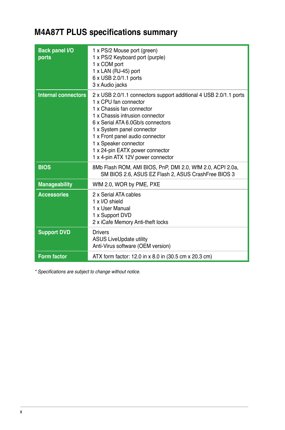 M4a87t plus specifications summary | Asus M4A87T PLUS User Manual | Page 10 / 56