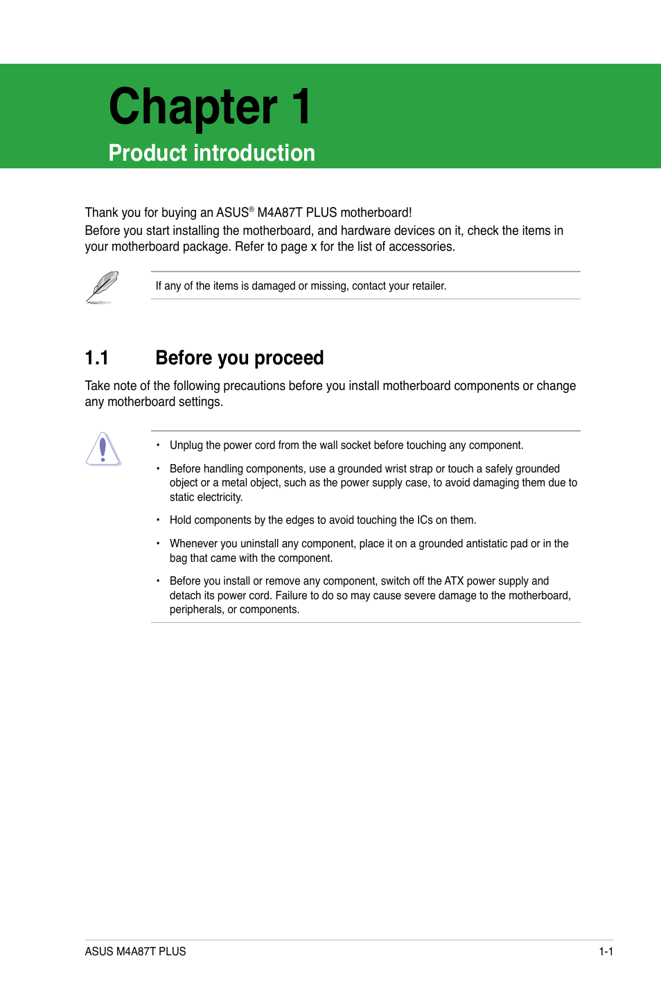 Chapter 1, Product introduction, 1 before you proceed | Before you proceed -1 | Asus M4A87T PLUS User Manual | Page 11 / 56