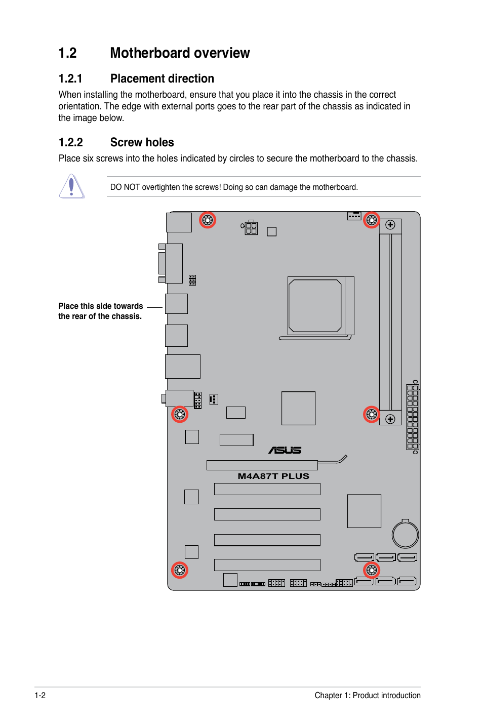 2 motherboard overview, 1 placement direction, 2 screw holes | Motherboard overview -2 1.2.1, Placement direction -2, Screw holes -2 | Asus M4A87T PLUS User Manual | Page 12 / 56