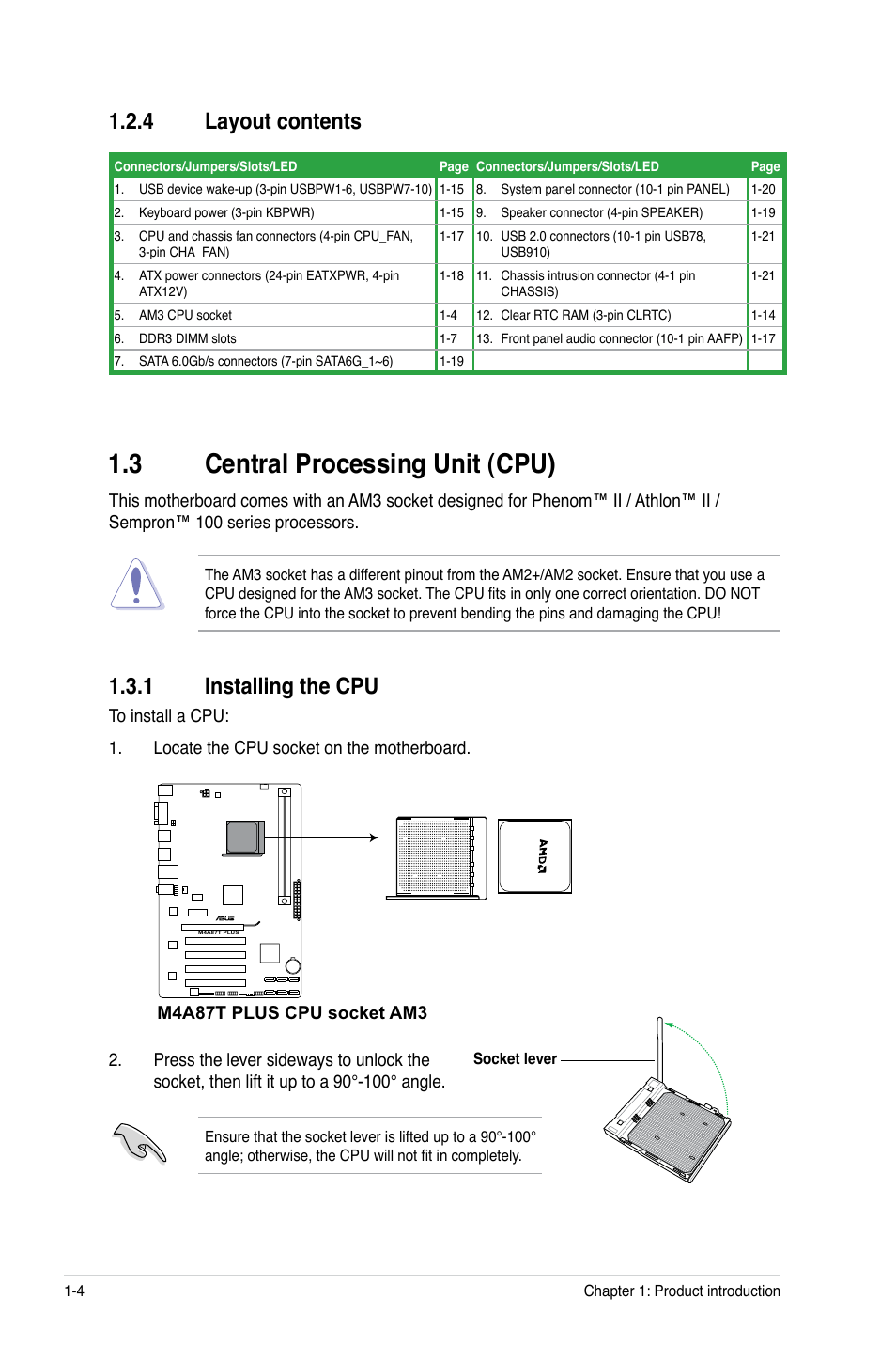 4 layout contents, 3 central processing unit (cpu), 1 installing the cpu | Layout contents -4, Central processing unit (cpu) -4 1.3.1, Installing the cpu -4 | Asus M4A87T PLUS User Manual | Page 14 / 56