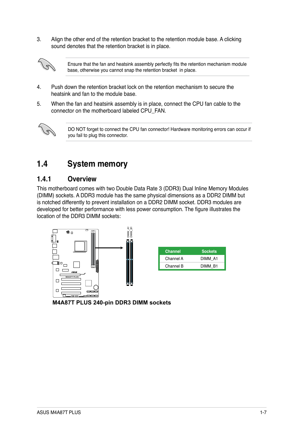 4 system memory, 1 overview, System memory -7 1.4.1 | Overview -7 | Asus M4A87T PLUS User Manual | Page 17 / 56