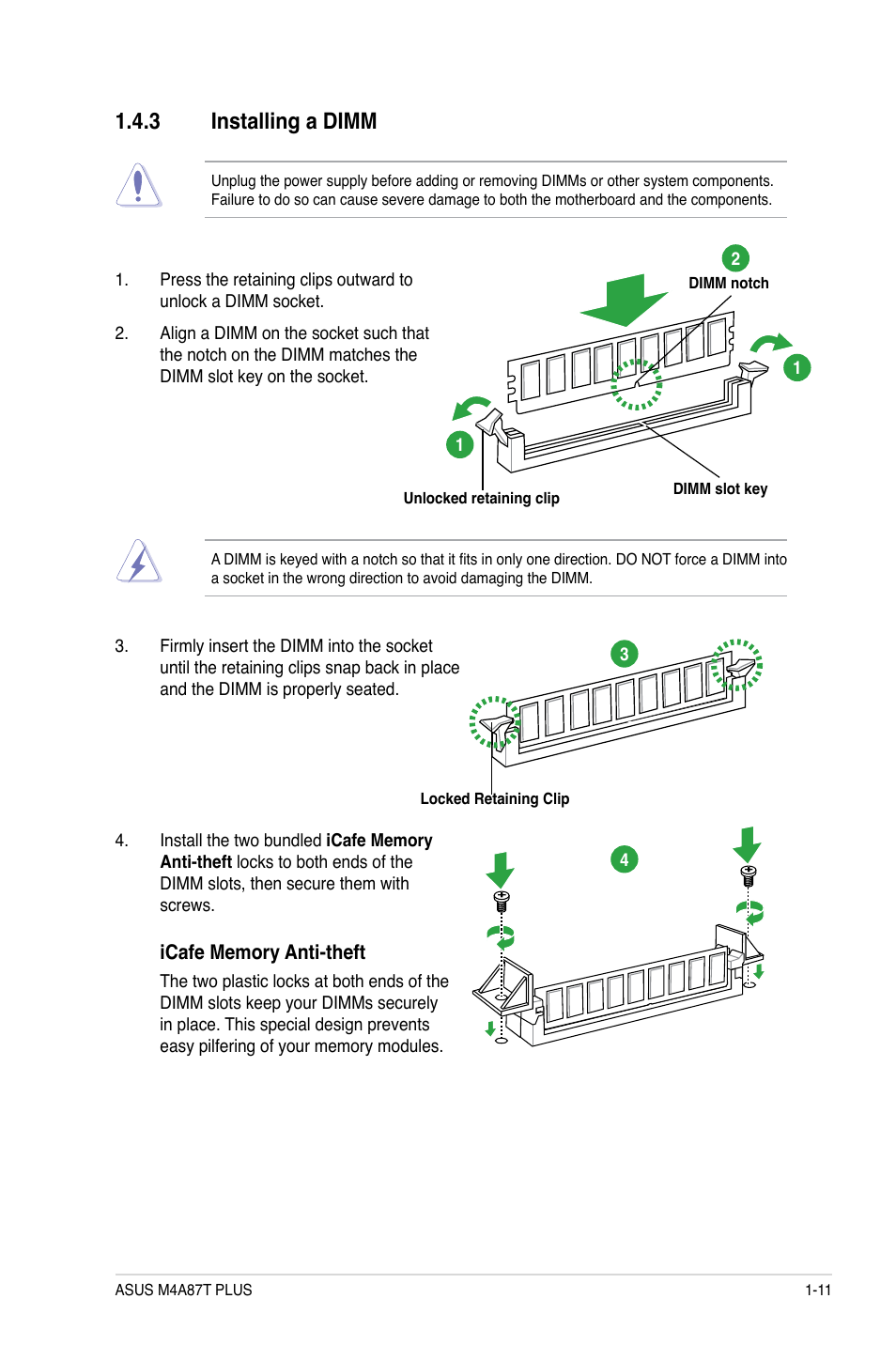 3 installing a dimm, Installing a dimm -11 | Asus M4A87T PLUS User Manual | Page 21 / 56