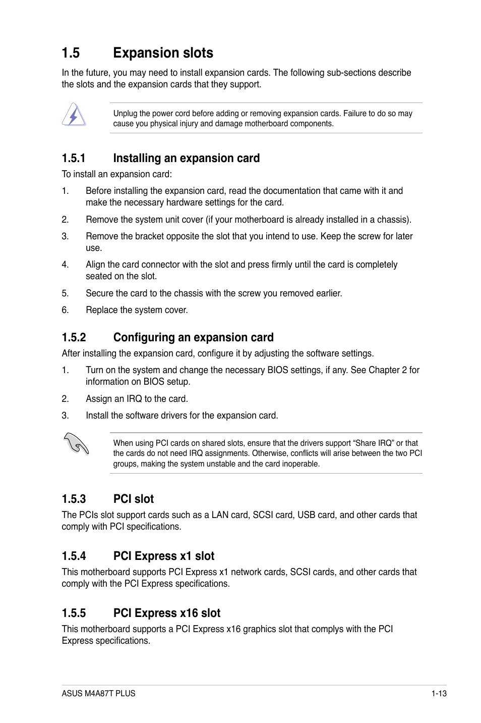 5 expansion slots, 1 installing an expansion card, 2 configuring an expansion card | 3 pci slot, 4 pci express x1 slot, 5 pci express x16 slot, Expansion slots -13 1.5.1, Installing an expansion card -13, Configuring an expansion card -13, Pci slot -13 | Asus M4A87T PLUS User Manual | Page 23 / 56