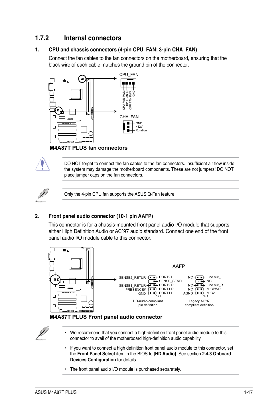 2 internal connectors, Internal connectors -17, M4a87t plus fan connectors | M4a87t plus front panel audio connector | Asus M4A87T PLUS User Manual | Page 27 / 56