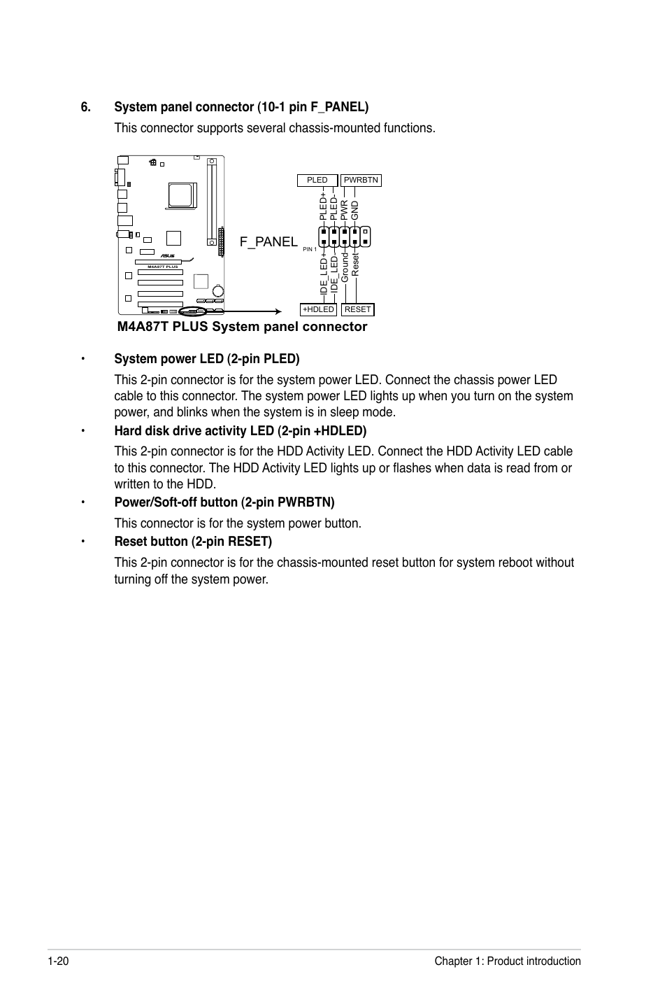 M4a87t plus system panel connector, F_panel | Asus M4A87T PLUS User Manual | Page 30 / 56