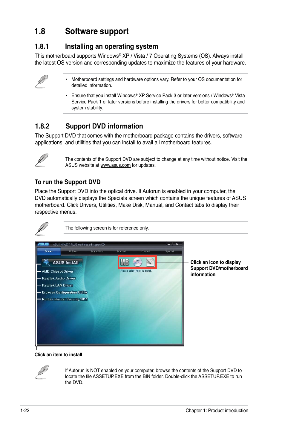 8 software support, 1 installing an operating system, 2 support dvd information | Software support -22 1.8.1, Installing an operating system -22, Support dvd information -22 | Asus M4A87T PLUS User Manual | Page 32 / 56