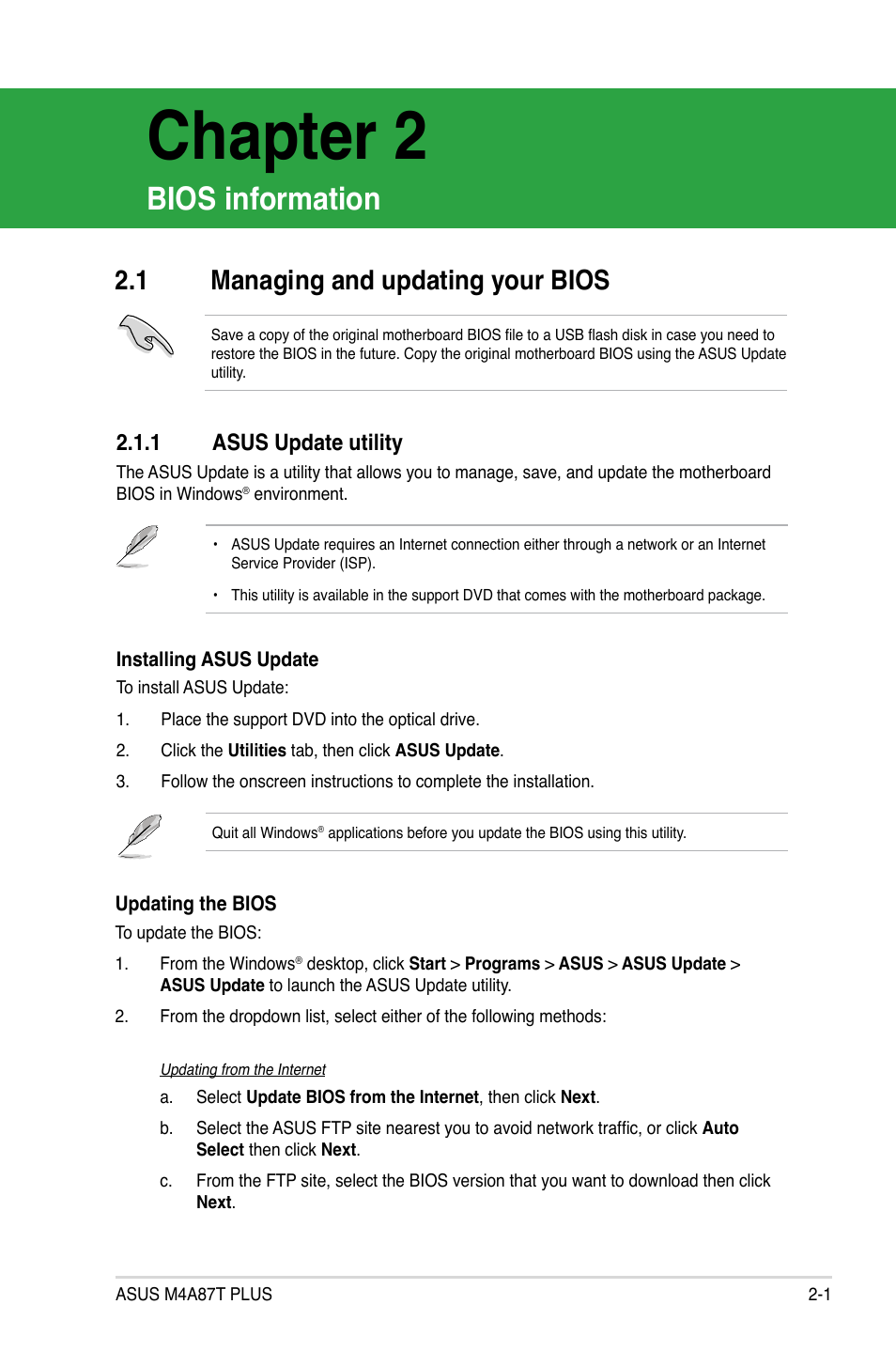 Chapter 2, Bios information, 1 managing and updating your bios | 1 asus update utility, Managing and updating your bios -1 2.1.1, Asus update utility -1 | Asus M4A87T PLUS User Manual | Page 33 / 56