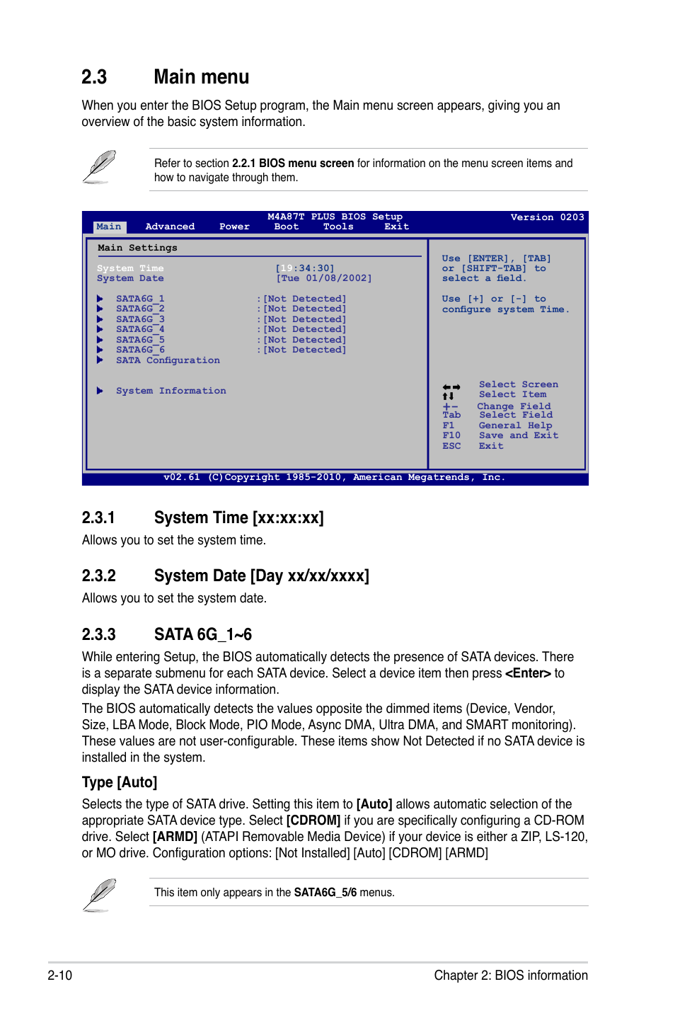 3 main menu, 1 system time [xx:xx:xx, 2 system date [day xx/xx/xxxx | 3 sata 6g_1~6, Main menu -10 2.3.1, System time [xx:xx:xx] -10, System date [day xx/xx/xxxx] -10, Sata 6g_1~6 -10, Type [auto | Asus M4A87T PLUS User Manual | Page 42 / 56