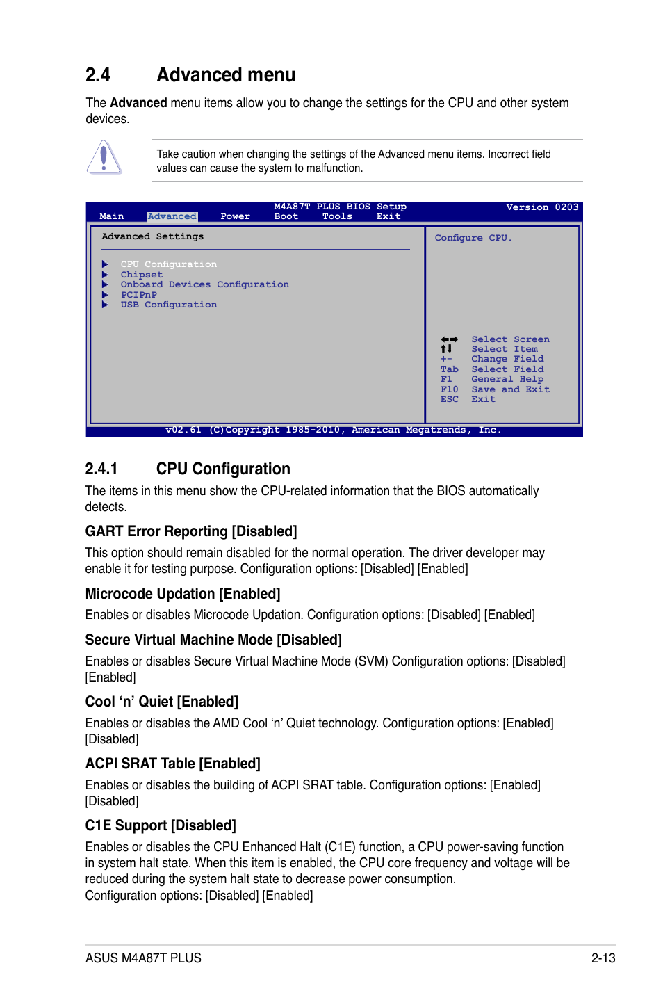 4 advanced menu, 1 cpu configuration, Advanced menu -13 2.4.1 | Cpu configuration -13 | Asus M4A87T PLUS User Manual | Page 45 / 56