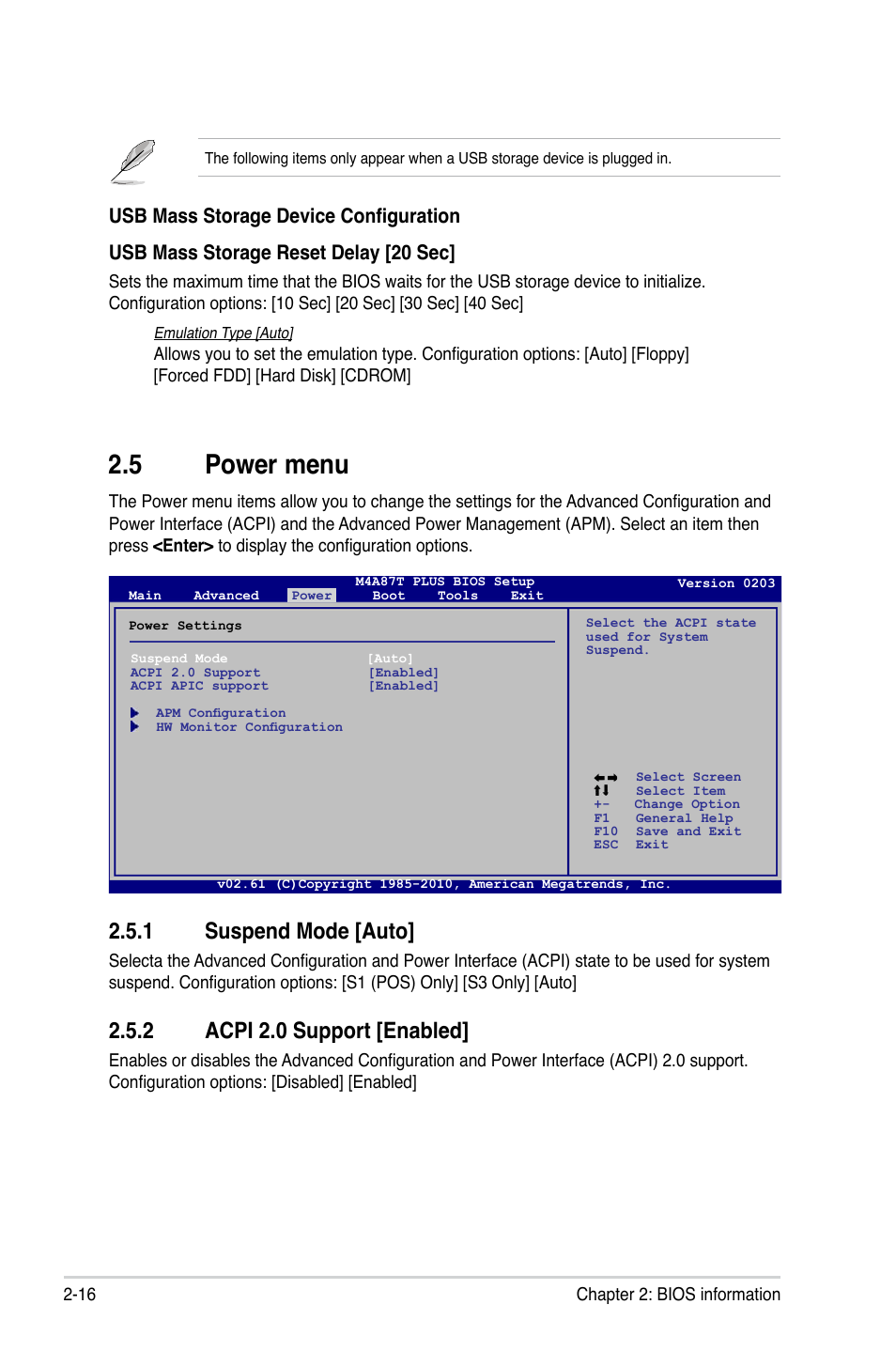 5 power menu, 1 suspend mode [auto, 2 acpi 2.0 support [enabled | Power menu -16 2.5.1, Suspend mode [auto] -16, Acpi 2.0 support [enabled] -16 | Asus M4A87T PLUS User Manual | Page 48 / 56