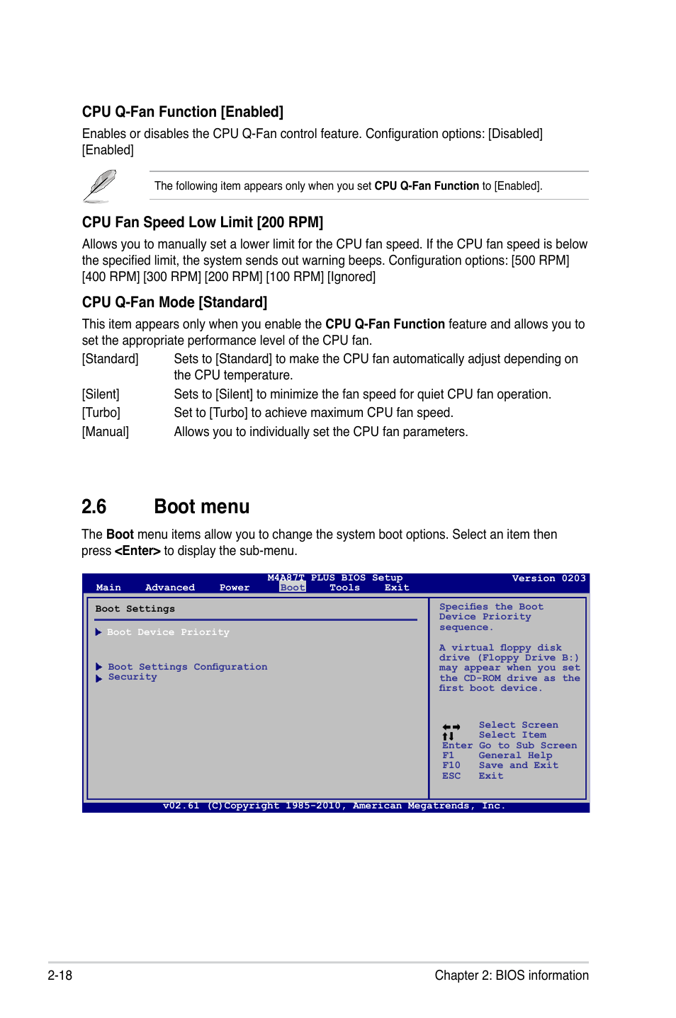 6 boot menu, Boot menu -18, Cpu fan speed low limit [200 rpm | Cpu q-fan mode [standard, Cpu q-fan function [enabled | Asus M4A87T PLUS User Manual | Page 50 / 56