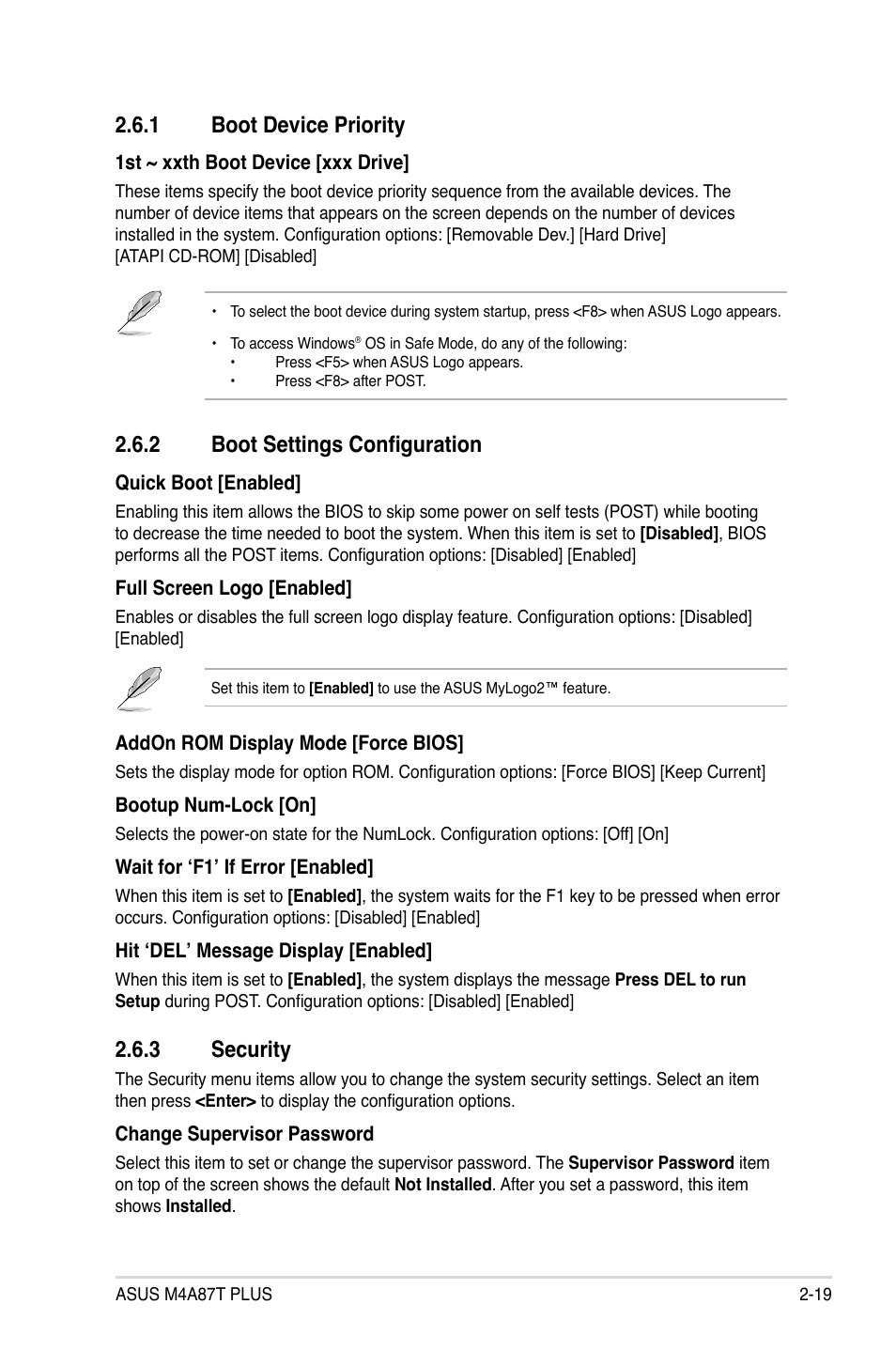 1 boot device priority, 2 boot settings configuration, 3 security | Boot device priority -19, Boot settings configuration -19, Security -19 | Asus M4A87T PLUS User Manual | Page 51 / 56