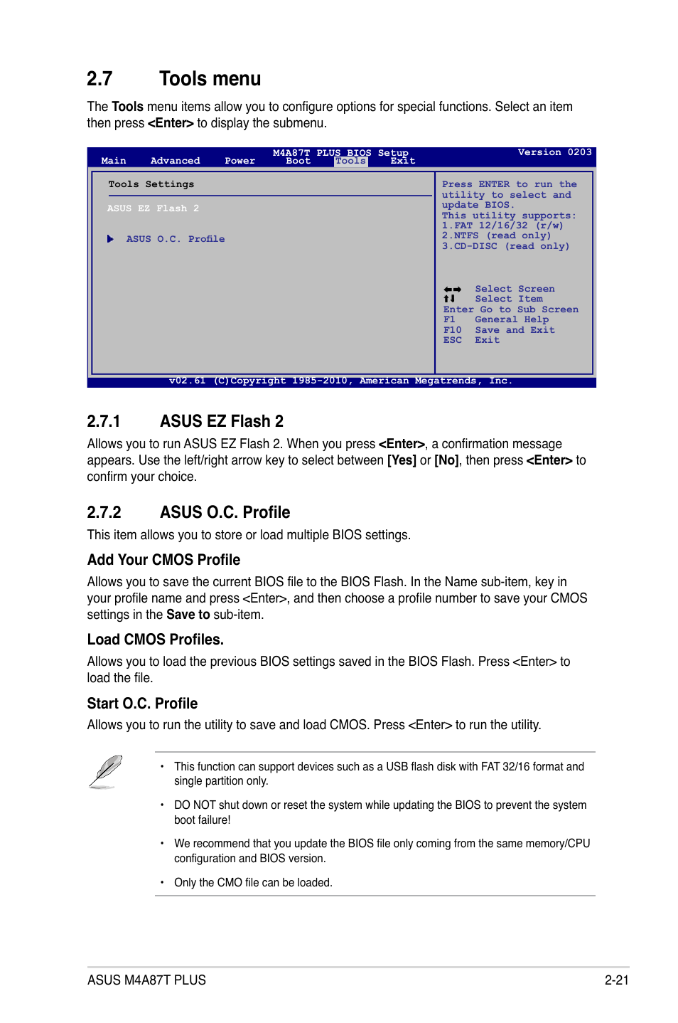 7 tools menu, 1 asus ez flash 2, 2 asus o.c. profile | Tools menu -21 2.7.1, Asus ez flash 2 -21, Asus o.c. profile -21, Add your cmos profile, Load cmos profiles, Start o.c. profile | Asus M4A87T PLUS User Manual | Page 53 / 56