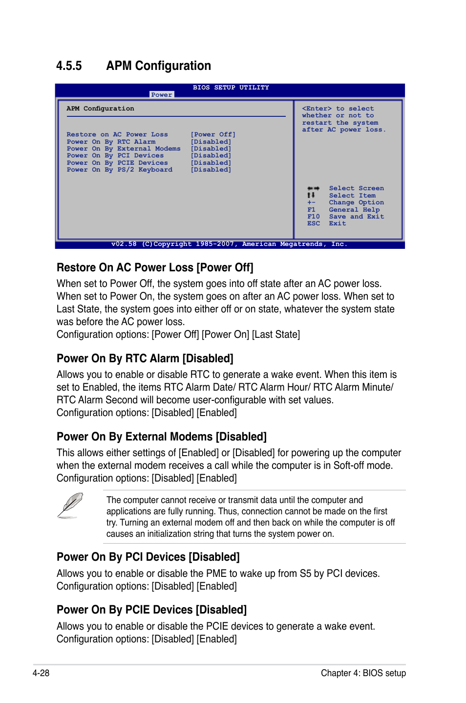 5 apm configuration, Restore on ac power loss [power off, Power on by rtc alarm [disabled | Power on by external modems [disabled, Power on by pci devices [disabled, Power on by pcie devices [disabled | Asus P5E-V HDMI User Manual | Page 100 / 162