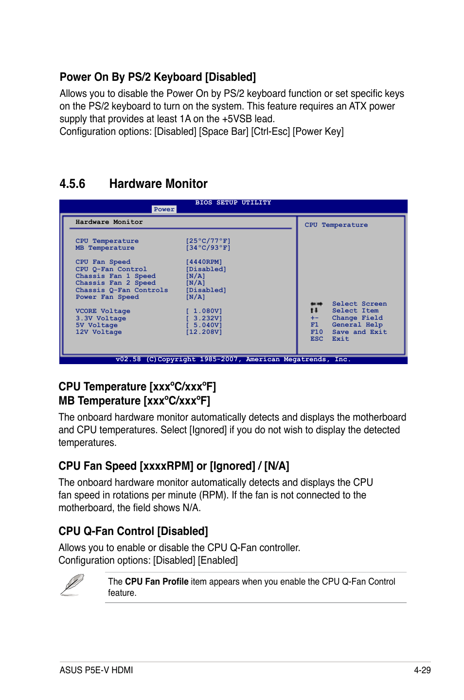 6 hardware monitor, Cpu q-fan control [disabled, Power on by ps/2 keyboard [disabled | Asus P5E-V HDMI User Manual | Page 101 / 162