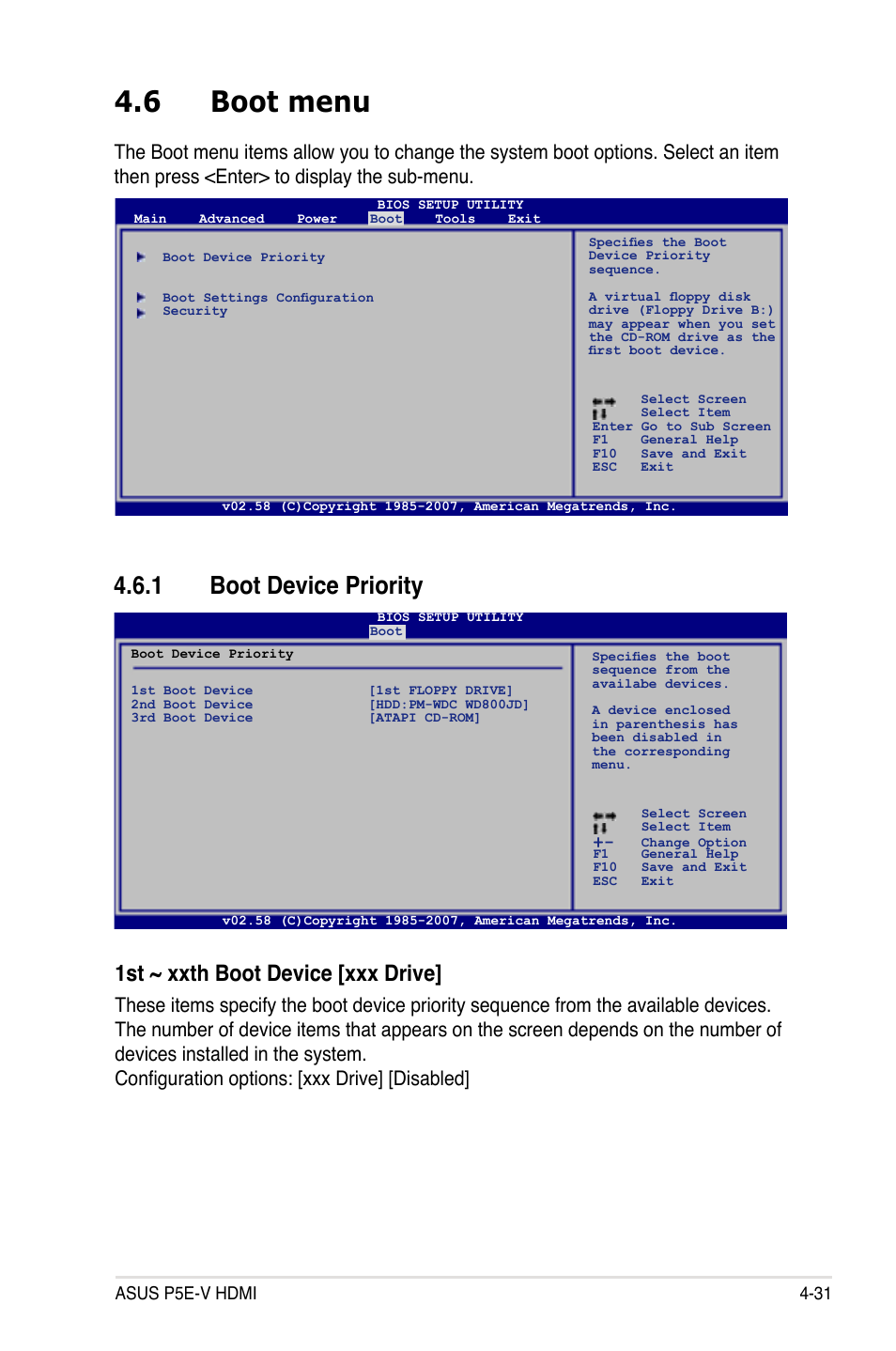 6 boot menu, 1 boot device priority, 1st ~ xxth boot device [xxx drive | Asus P5E-V HDMI User Manual | Page 103 / 162